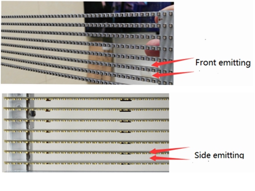Comparação de soluções de emissão frontal e de emissão lateral para telas de LED transparentes